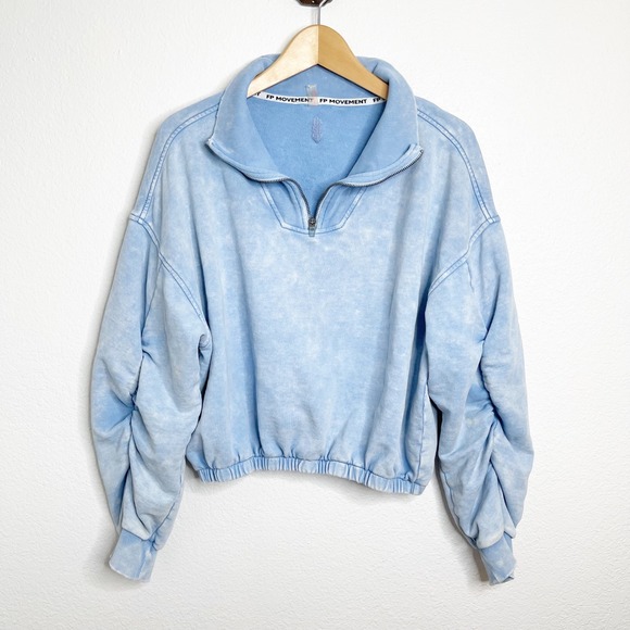 FP Movement Tops - FP Movement Free People Blue Acid Wash Ruched Sleeve Quarter Zip Pullover M